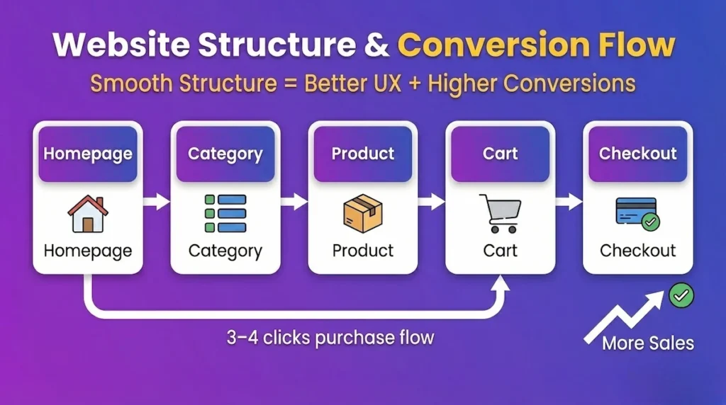 Ecommerce website structure and conversion flow showing homepage category product cart and checkout journey