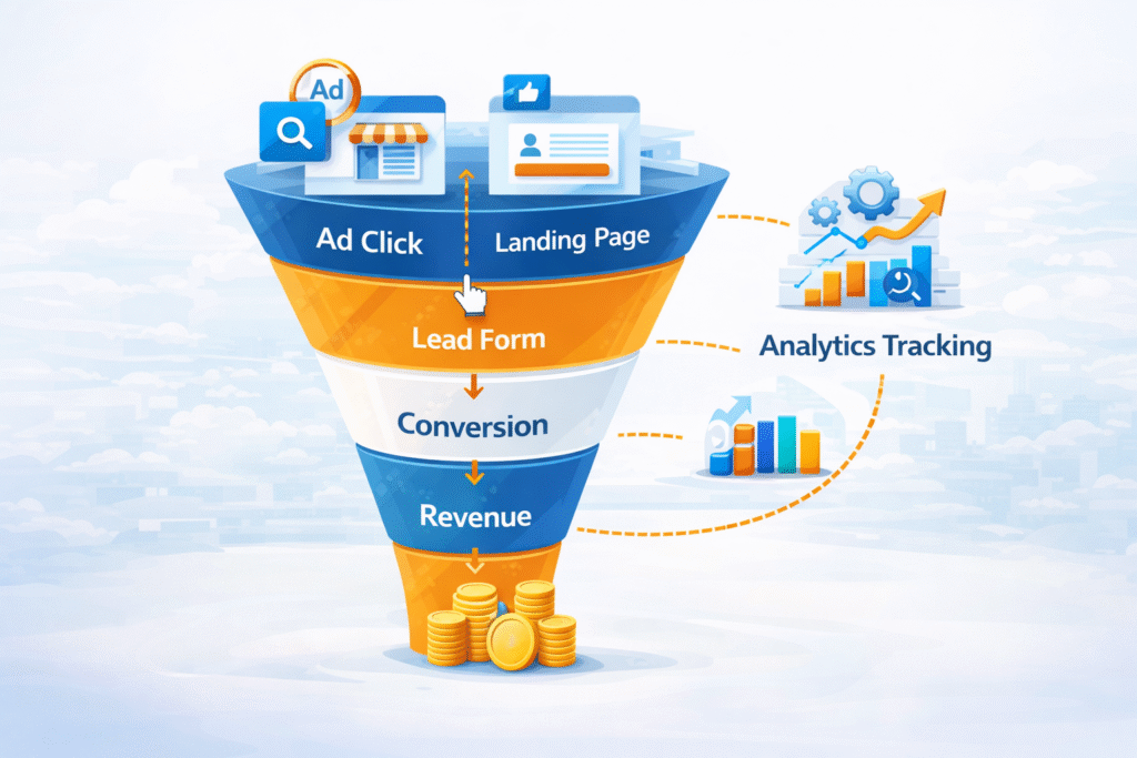 Performance marketing funnel showing ad click landing page lead conversion and ROI tracking