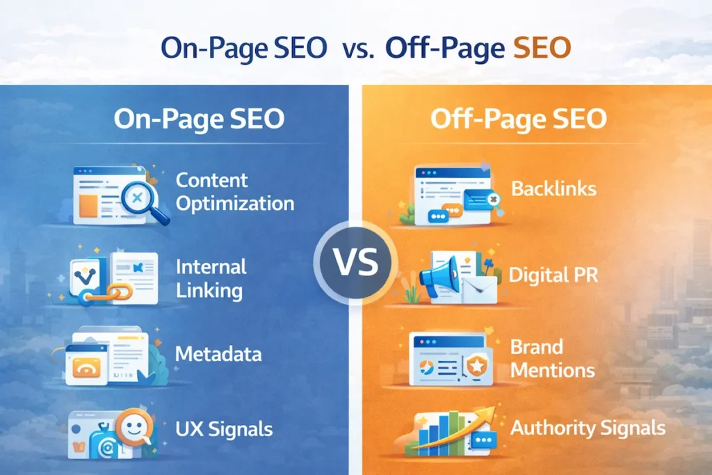 On page SEO vs off page SEO comparison showing content optimization and backlink authority strategies
