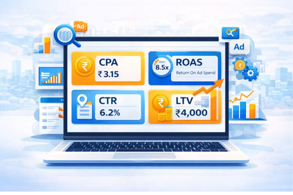 Marketing KPIs dashboard showing CPA ROAS CTR and customer lifetime value metrics