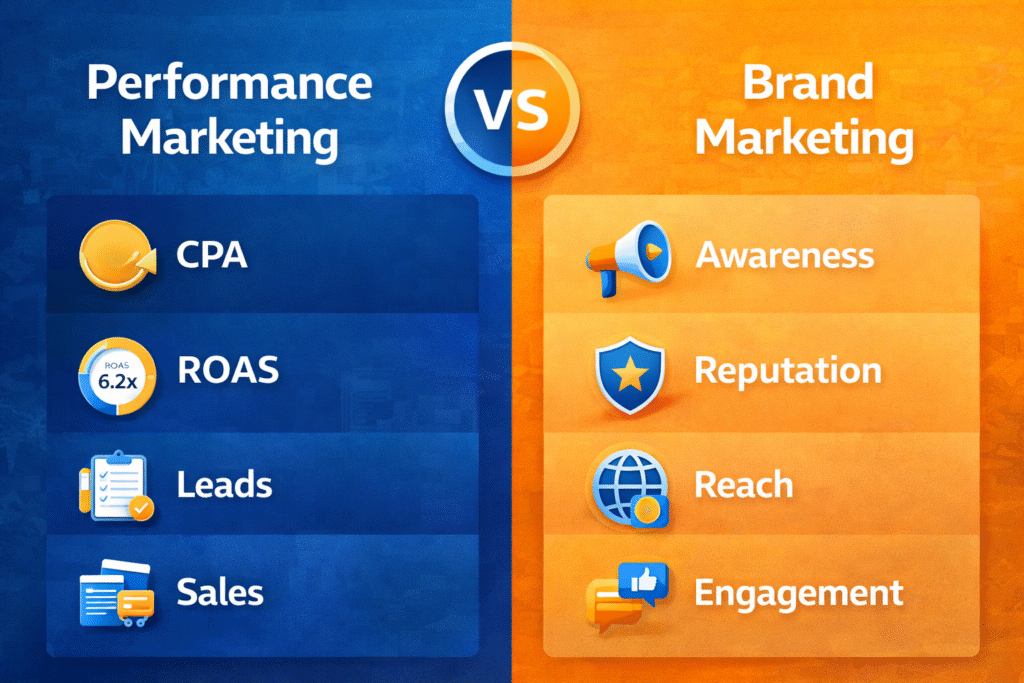 Performance marketing vs brand marketing comparison showing ROI focus versus brand awareness strategy