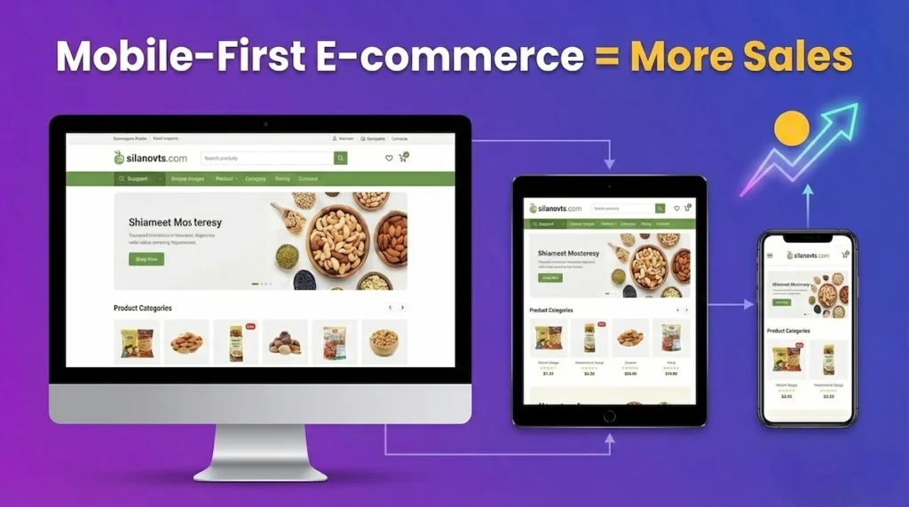 Responsive ecommerce website development showing mobile first design fast loading speed and seamless shopping experience across devices