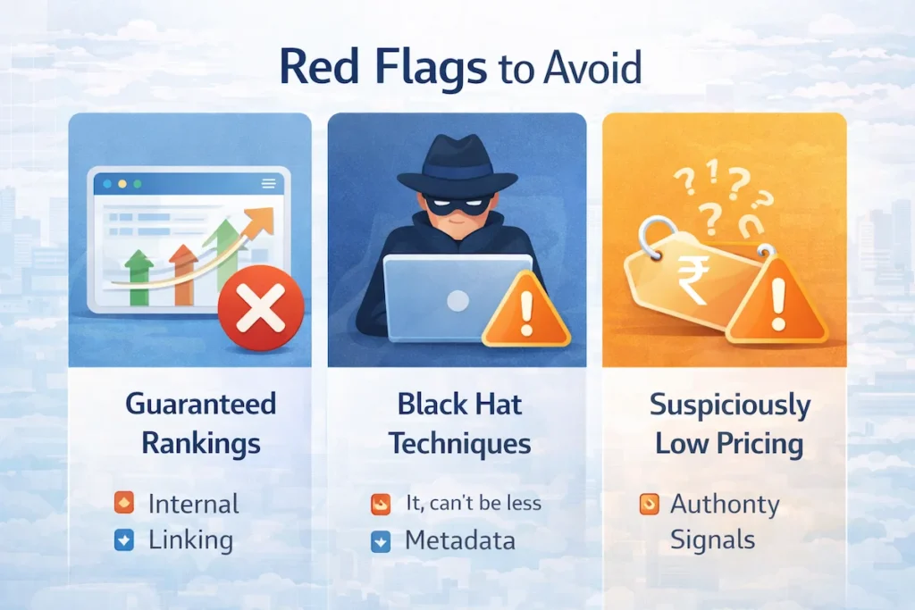 SEO red flags including guaranteed rankings black hat techniques and unrealistic low pricing offers