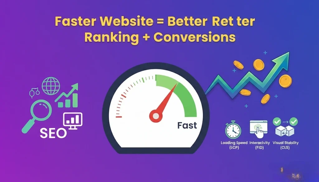 Technical SEO and performance optimization for ecommerce website showing fast page speed core web vitals secure architecture and improved search ranking