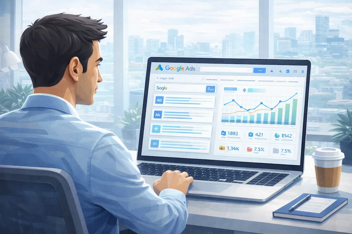 Manufacturing company executive analyzing digital marketing performance reports and business growth analytics dashboard.
