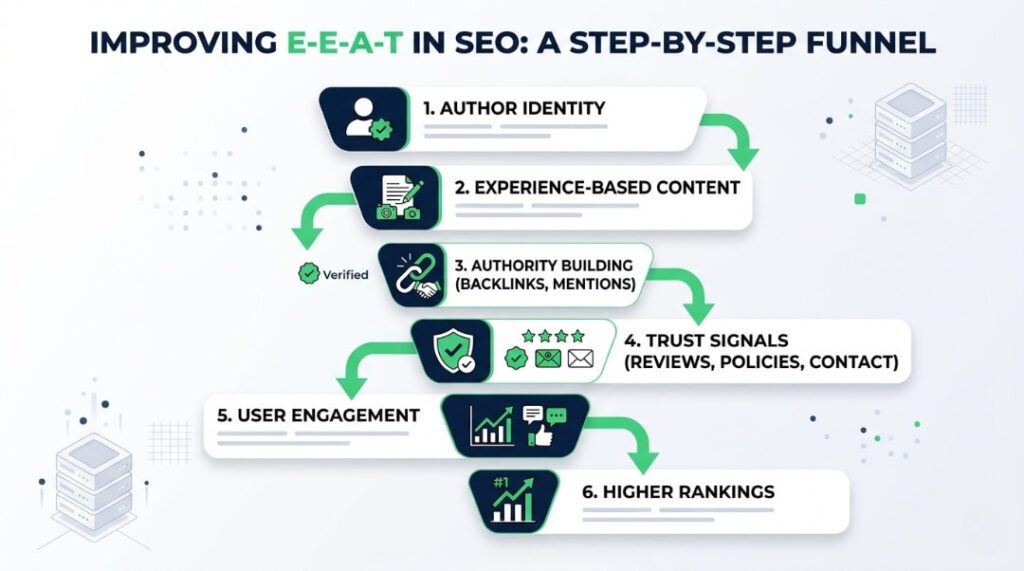 step by step process to improve E-E-A-T in SEO including content, authority, and trust signals