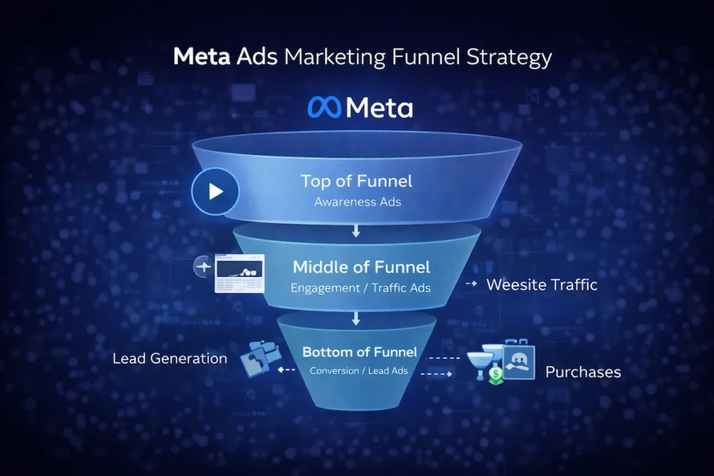 Meta Ads marketing funnel showing awareness consideration and conversion campaign stages