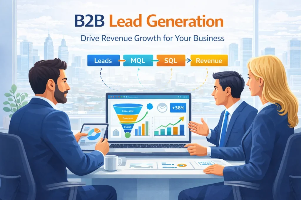 B2B lead generation services strategy showing CRM pipeline MQL SQL stages and measurable revenue growth dashboard