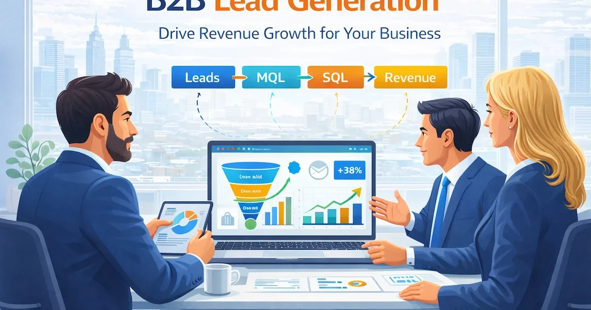 B2B lead generation services strategy showing CRM pipeline MQL SQL stages and measurable revenue growth dashboard