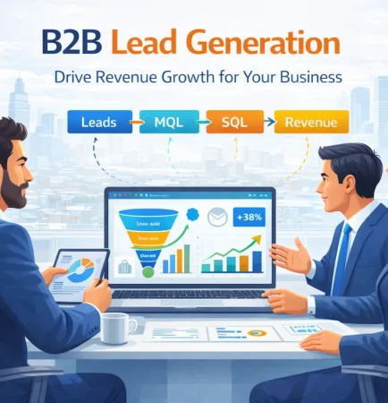 B2B lead generation services strategy showing CRM pipeline MQL SQL stages and measurable revenue growth dashboard
