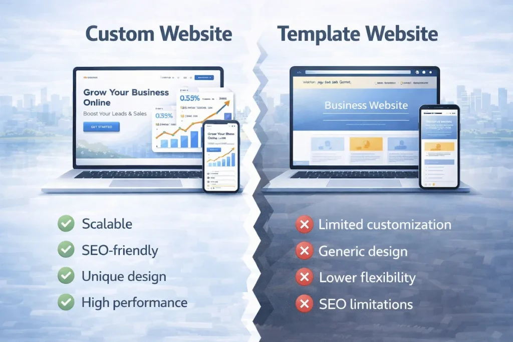 custom website vs template website comparison seo scalability performance