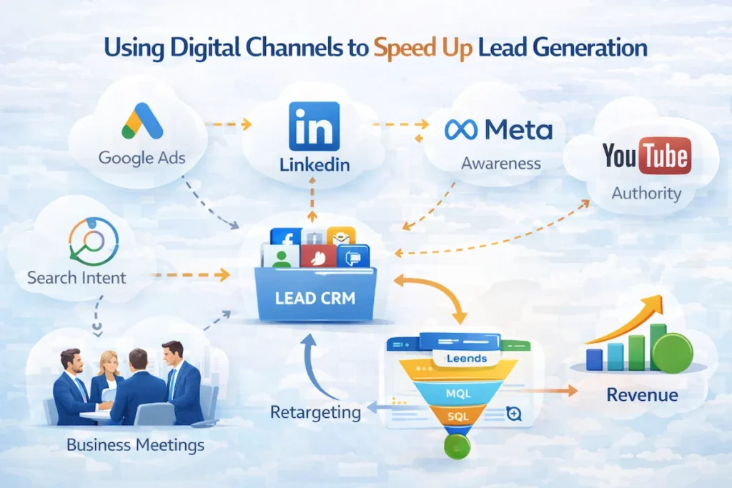 Digital B2B lead generation channels framework including Google Ads LinkedIn Meta YouTube and CRM pipeline integration