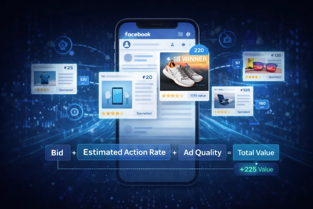 Facebook Meta Ads auction system in 2026 showing bid estimated action rate ad quality and total value calculation