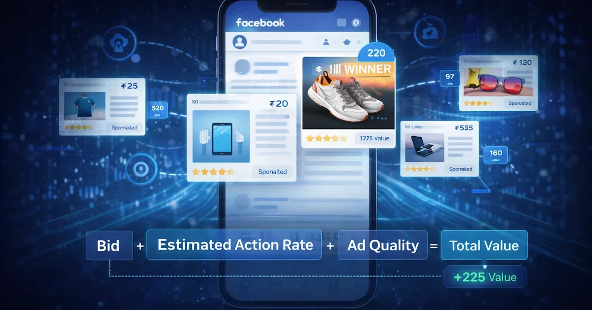 Facebook Meta Ads auction system in 2026 showing bid estimated action rate ad quality and total value calculation