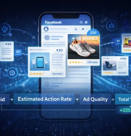 Facebook Meta Ads auction system in 2026 showing bid estimated action rate ad quality and total value calculation
