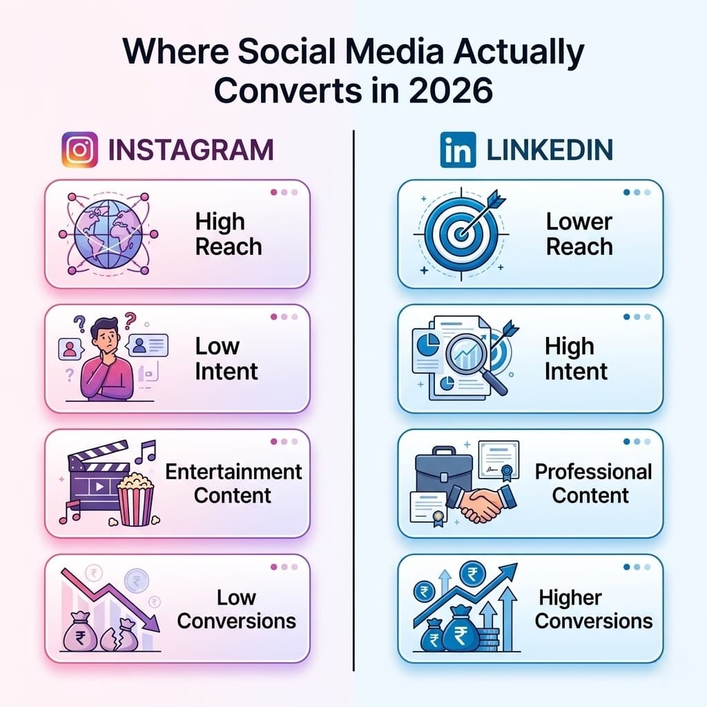 comparison between instagram and linkedin showing difference in user intent, reach and conversion rates