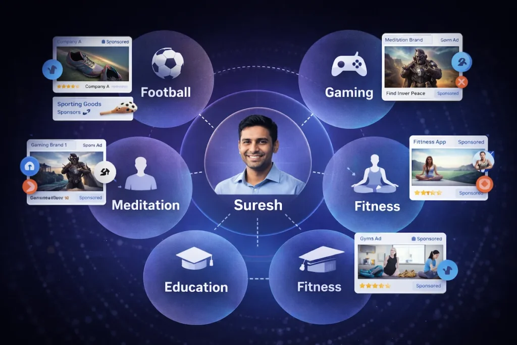 Meta Ads audience targeting overlap showing multiple advertisers competing for a single user with different interests