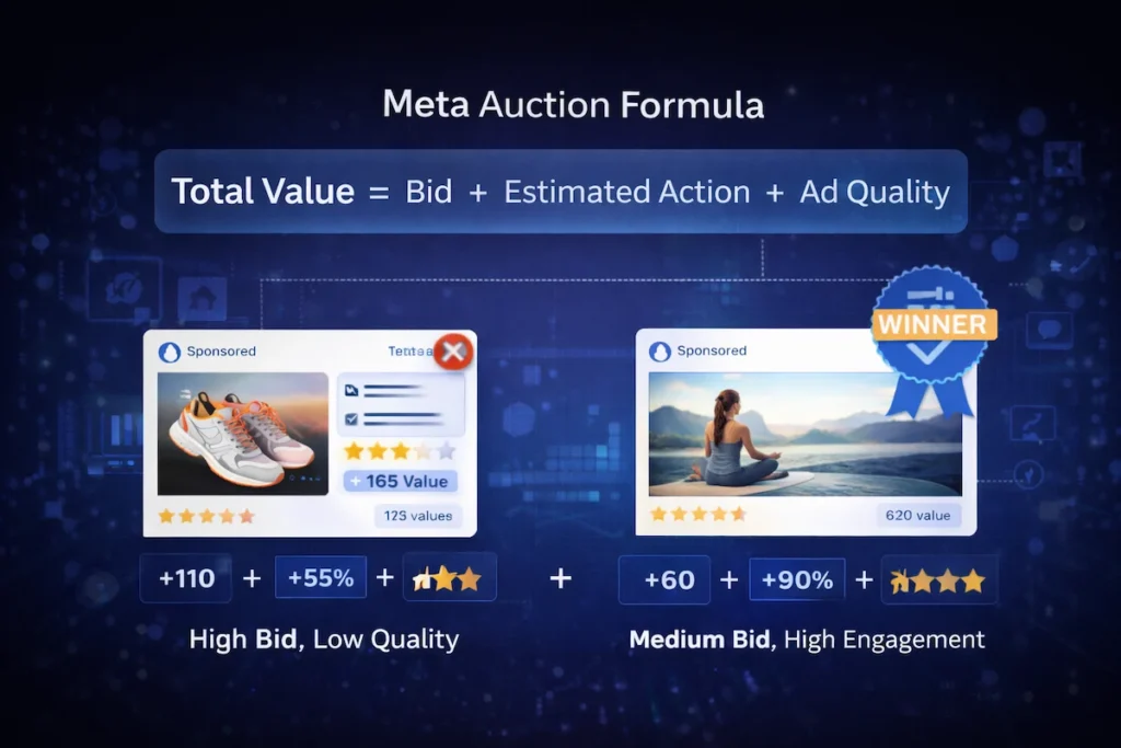 Meta Ads auction formula showing bid estimated action rate and ad quality determining total value