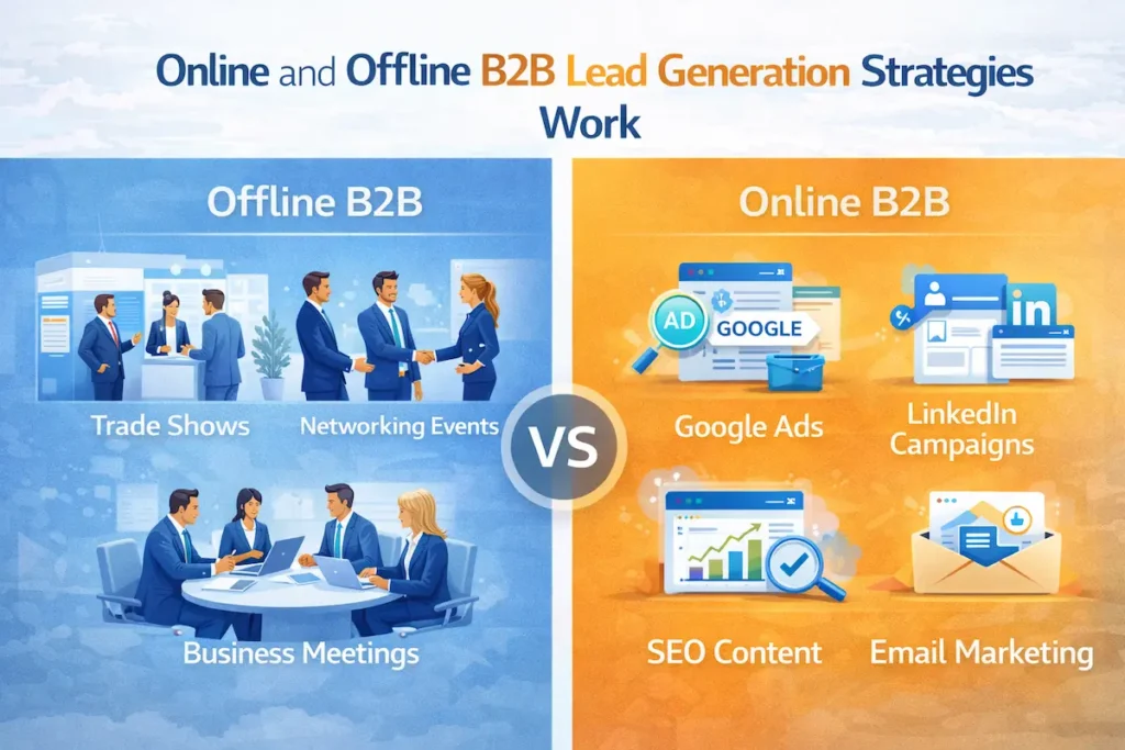 Online and offline B2B lead generation strategies including trade shows Google Ads LinkedIn and email marketing