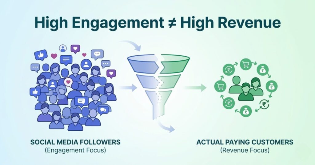 SMO in digital marketing showing difference between social media followers and actual paying customers with conversion funnel gap