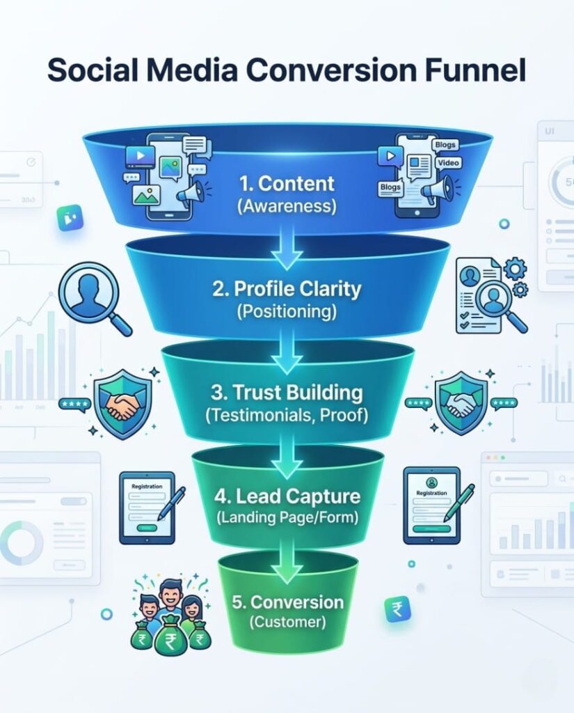 social media marketing funnel showing steps from content awareness to lead generation and customer conversion
