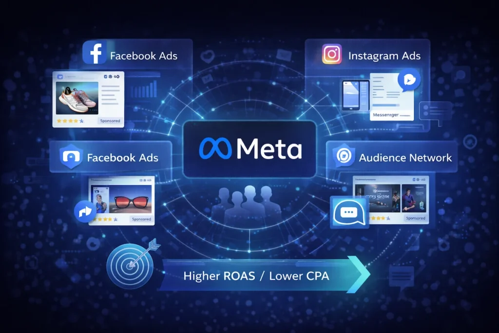 What is Meta Ads advertising ecosystem showing Facebook Instagram Messenger ads targeting
