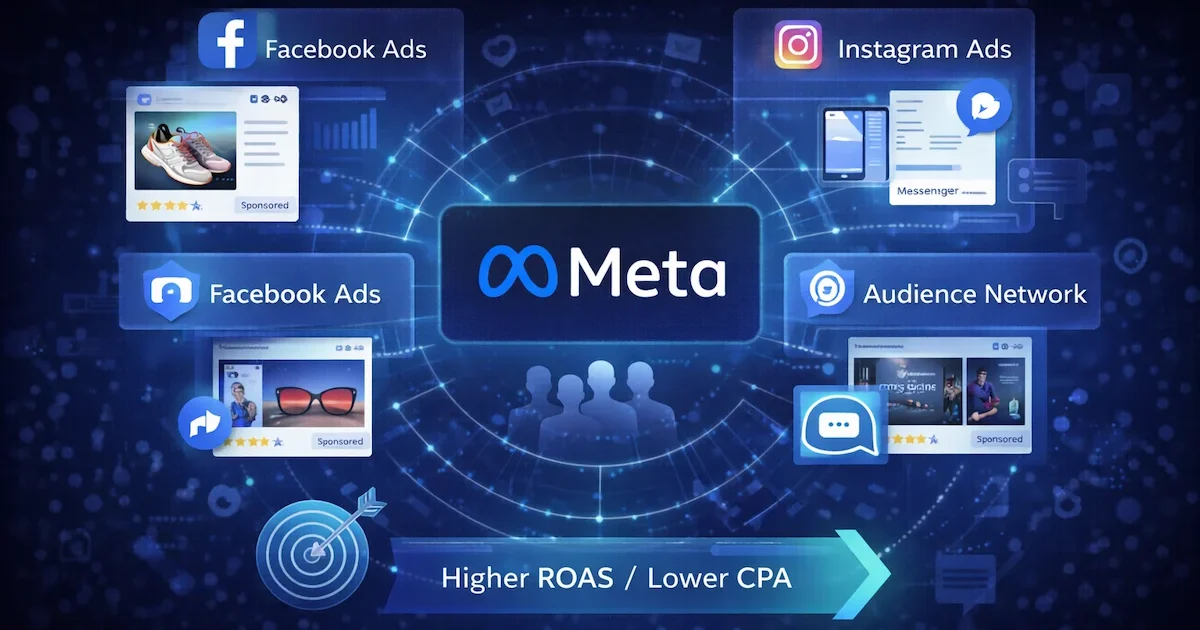 What is Meta Ads advertising ecosystem showing Facebook Instagram Messenger ads targeting