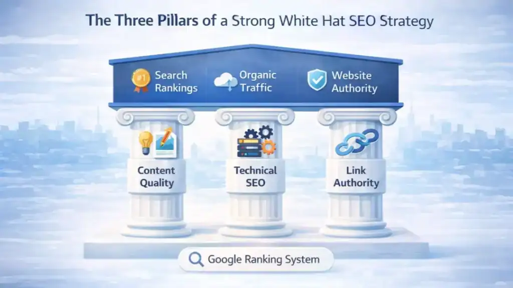 white hat seo pillars content technical seo link building