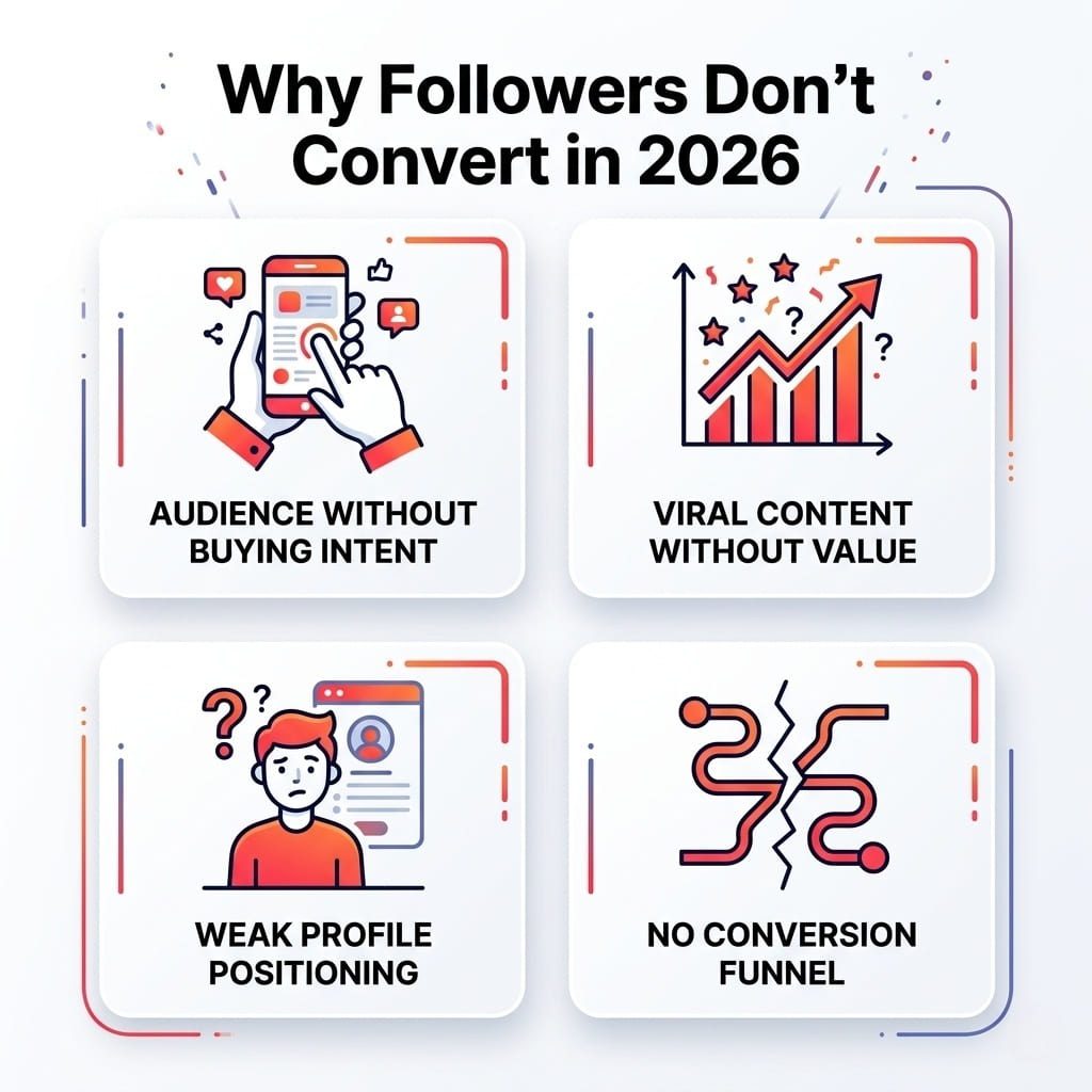infographic showing reasons why social media followers do not convert including weak targeting content and lack of funnel