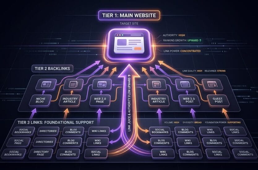 Multi-tier link building structure with tier 1 tier 2 and tier 3 backlinks