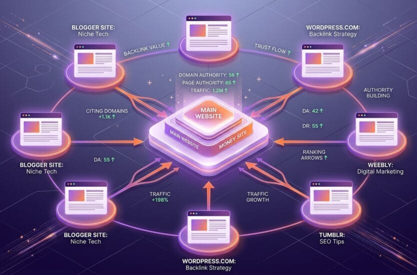 Web 2.0 link building network connecting multiple websites to a main site