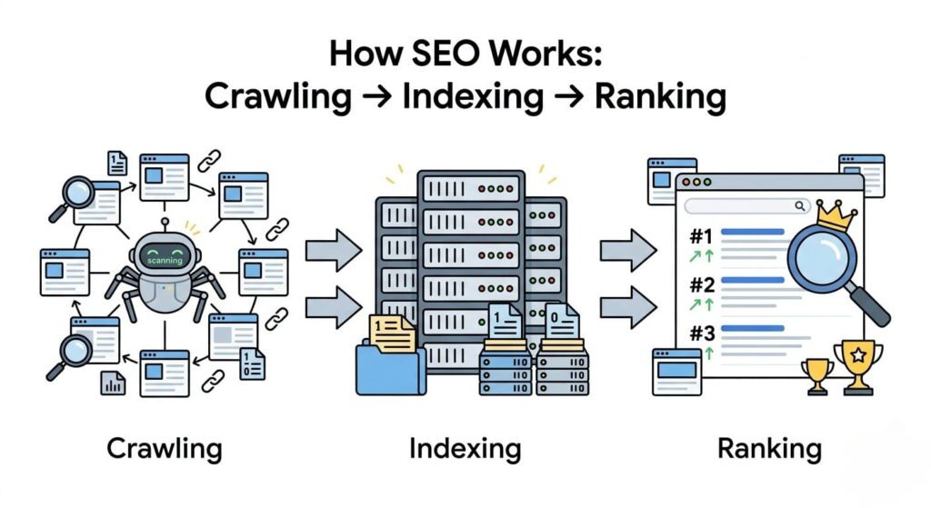 Diagram showing SEO process including crawling indexing and ranking steps