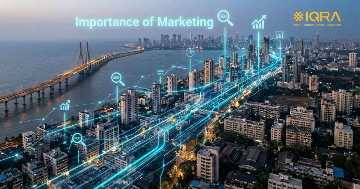 A professional comparison showing the importance of marketing in 2026: a traditional Mumbai shop with low footfall versus a modern digital office with SEO analytics and high online visibility.