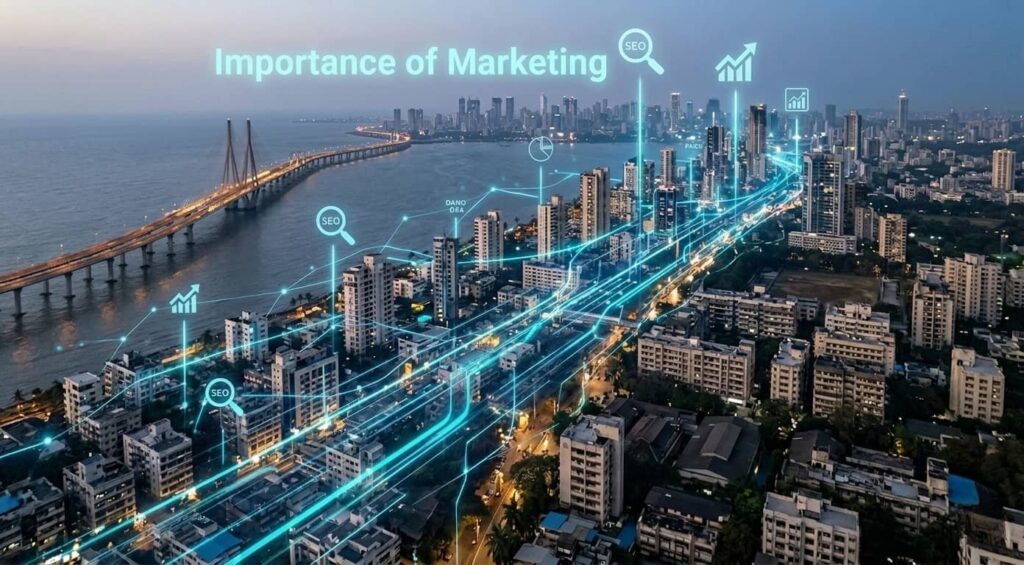 A professional comparison showing the importance of marketing in 2026: a traditional Mumbai shop with low footfall versus a modern digital office with SEO analytics and high online visibility.