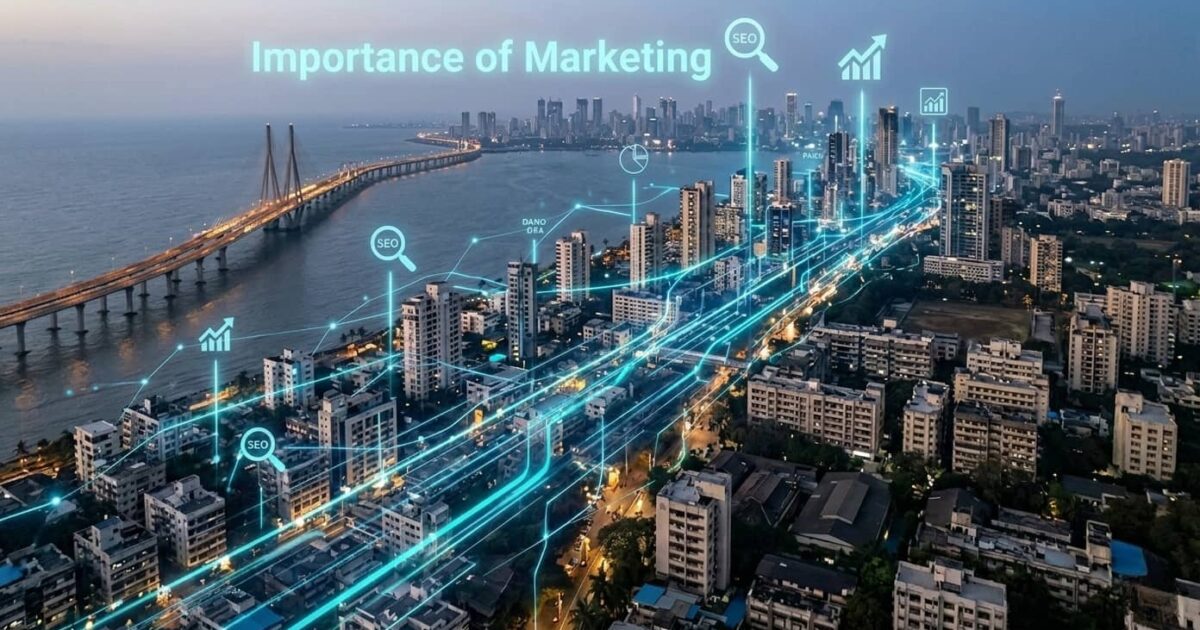 A professional comparison showing the importance of marketing in 2026: a traditional Mumbai shop with low footfall versus a modern digital office with SEO analytics and high online visibility.