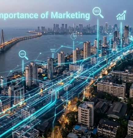 A professional comparison showing the importance of marketing in 2026: a traditional Mumbai shop with low footfall versus a modern digital office with SEO analytics and high online visibility.