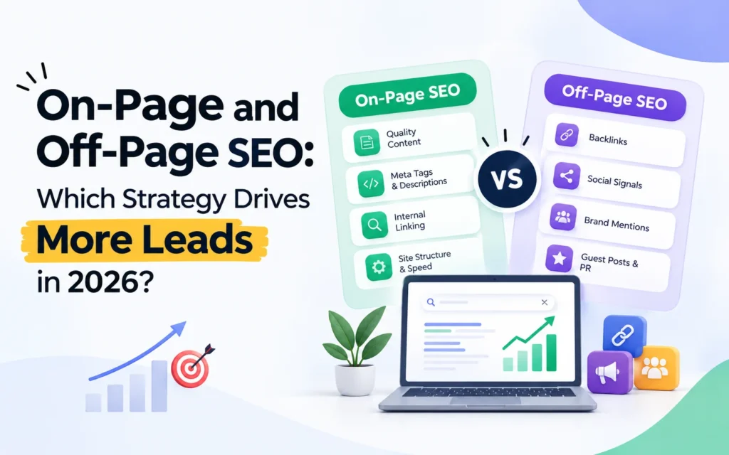 On-page and off-page SEO comparison showing lead generation strategy and authority building in digital marketing 2026