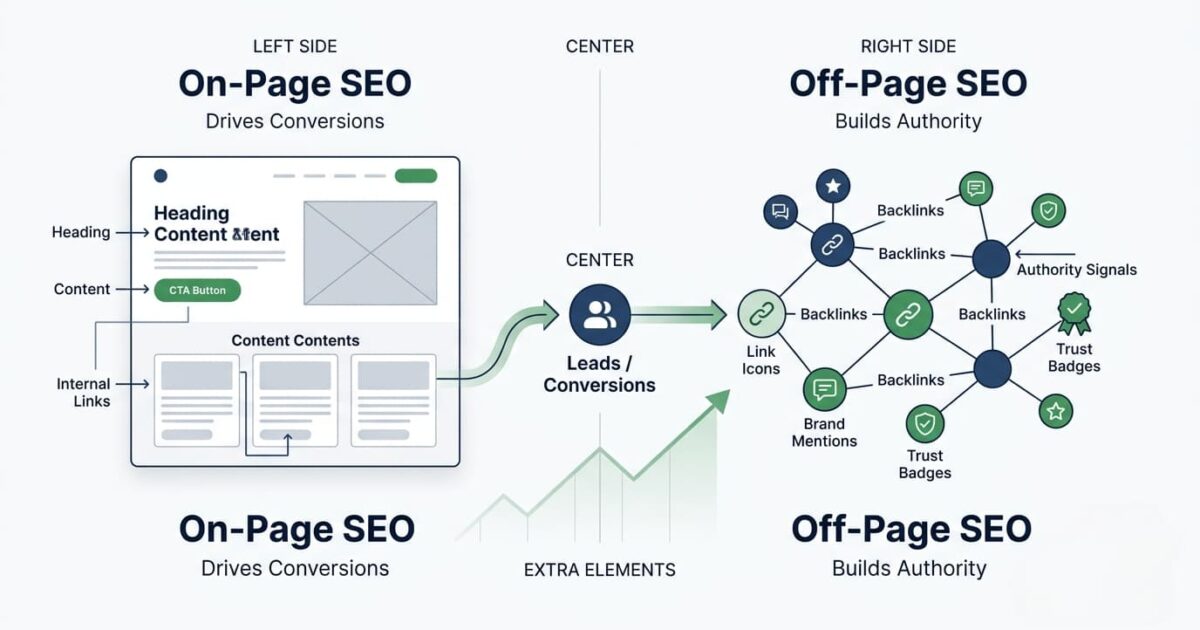 On-page and off-page SEO comparison showing lead generation strategy and authority building in digital marketing 2026
