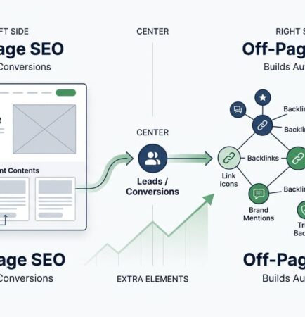 On-page and off-page SEO comparison showing lead generation strategy and authority building in digital marketing 2026