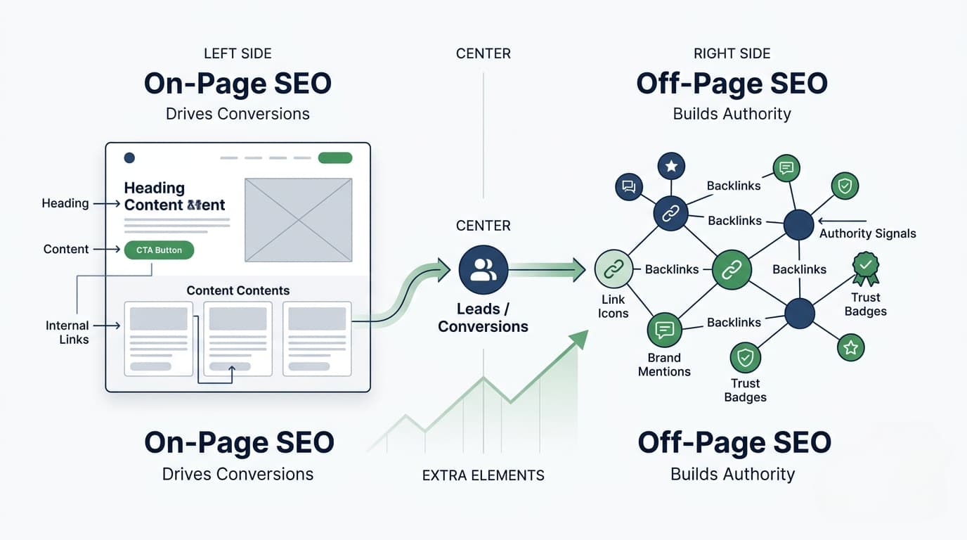 On-page and off-page SEO comparison showing lead generation strategy and authority building in digital marketing 2026