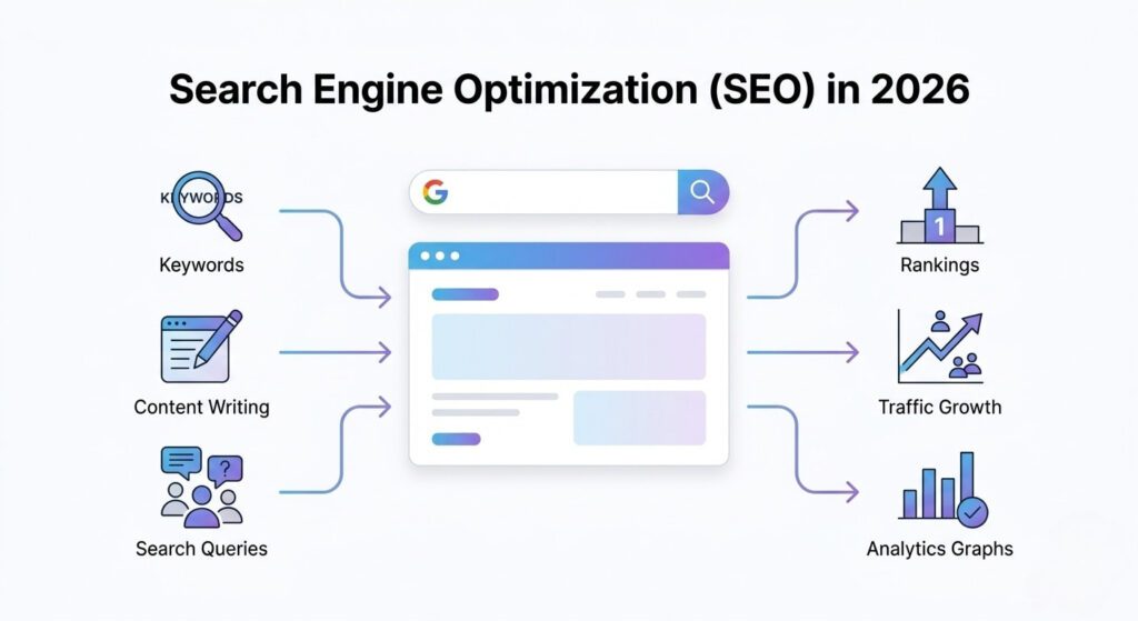 Illustration showing search engine optimisation SEO process in 2026 with rankings traffic and keywords