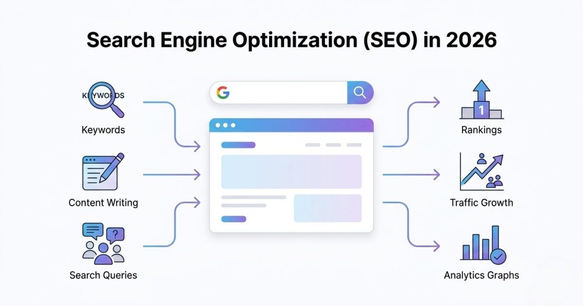 what is search engine optimisation SEO process in 2026 with rankings traffic and keywords