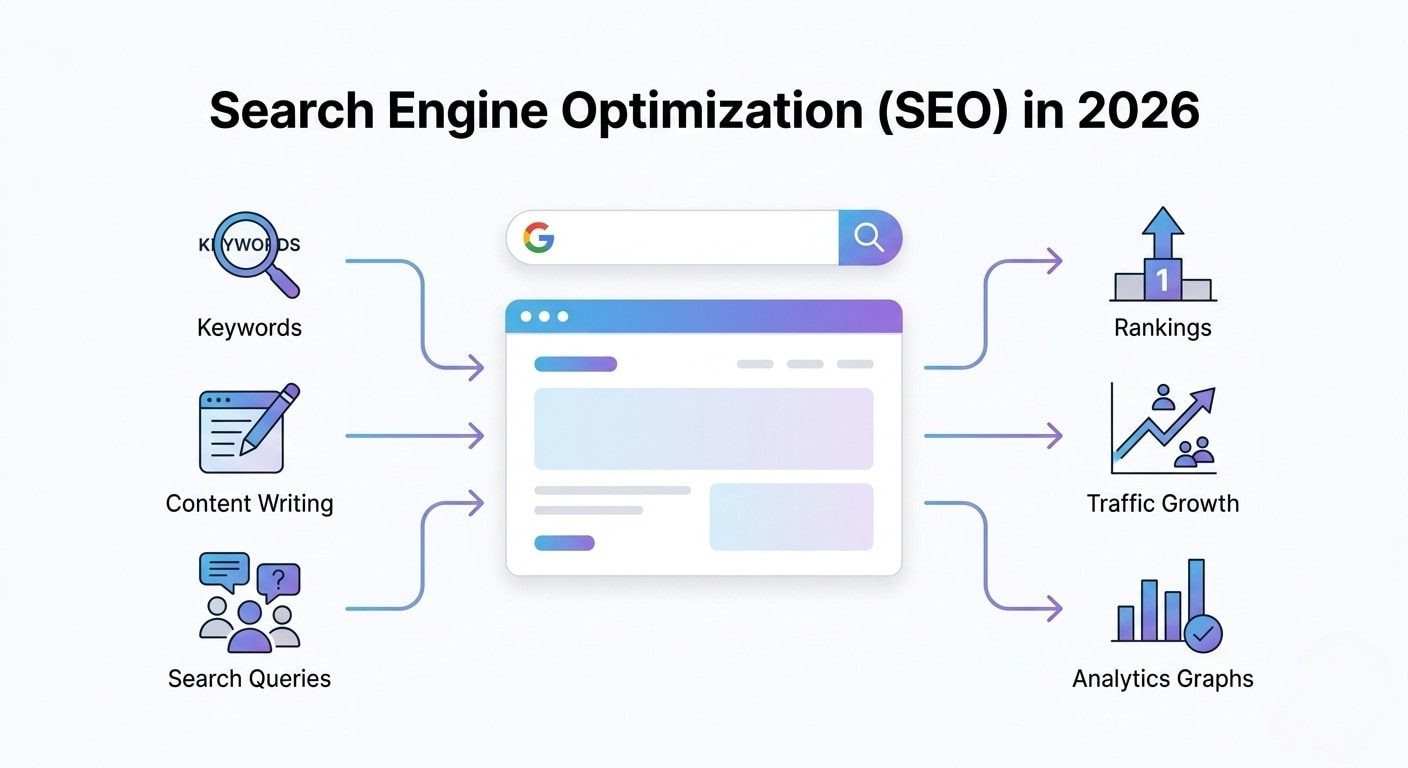 what is search engine optimisation SEO process in 2026 with rankings traffic and keywords