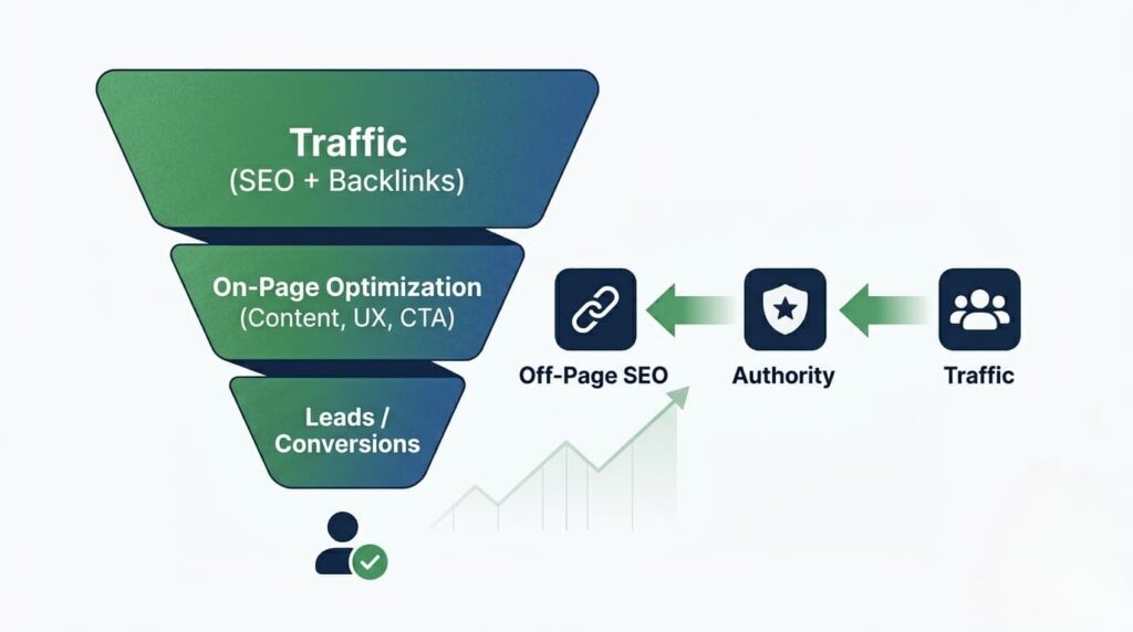 SEO funnel showing traffic, authority, and conversion process using on-page and off-page SEO