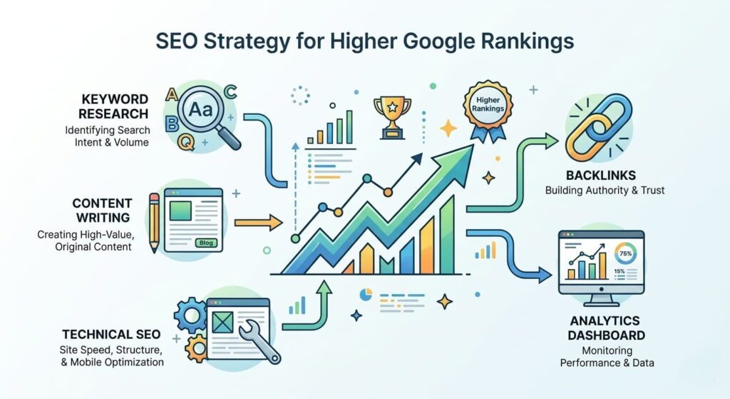 SEO strategy illustration showing keyword research content backlinks and ranking growth