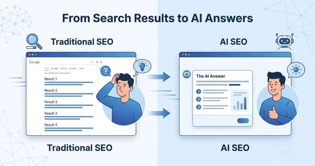 Comparison between traditional search results and AI-generated answers