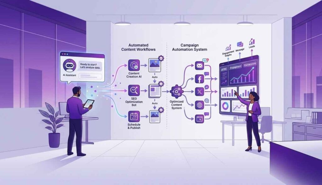 AI assistant helping marketing team automate campaigns and content workflows