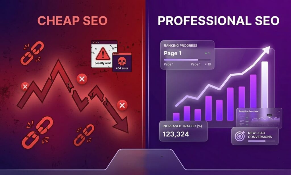 comparison between low-cost SEO tactics and professional SEO strategy