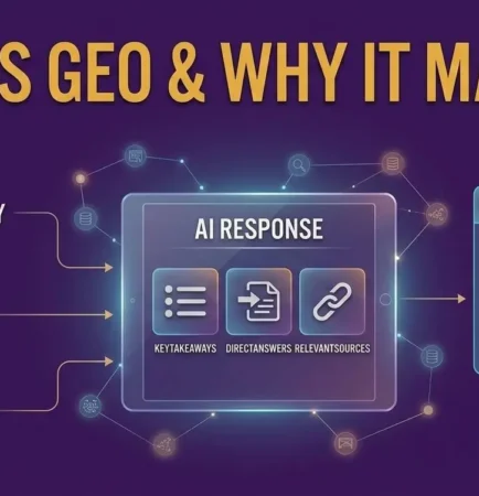 Generative Engine Optimization (GEO) showing AI response systems, authority signals, data sources, chatbot queries, and benefits like AI visibility, trust signals, brand citations, and relevant traffic.