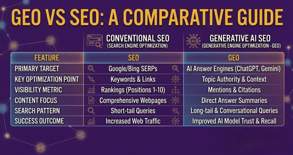 Comparison infographic showing the differences between traditional SEO and Generative Engine Optimization (GEO), including rankings, AI answer engines, keywords, citations, and conversational queries.